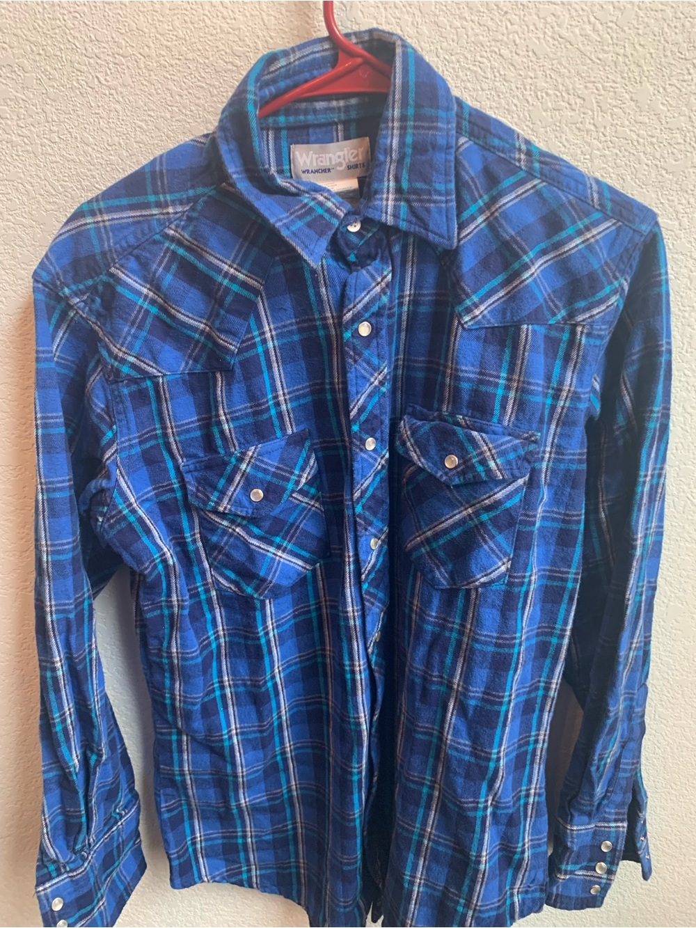 Wrangler Blue and Teal Plaid Men's Button-Down Shirt